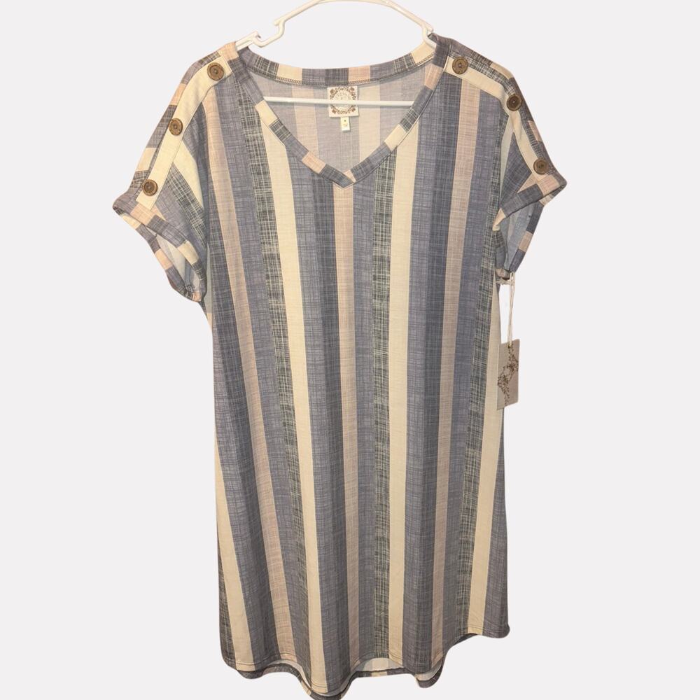True Self M Blue Striped V-Neck Tunic Dress NWT Shoulder Button Coastal Nautical